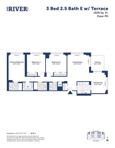 Floor plan for 3 beds, 2.5 baths, 1529 sqft